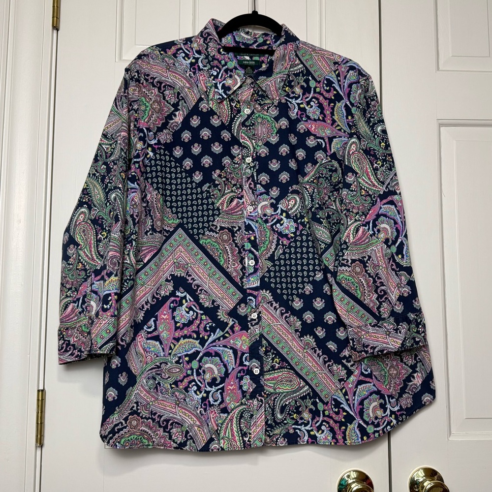 Ralph Lauren Multicolor Paisley Blouse 3/4 Sleeve 100% Cotton Size 3X